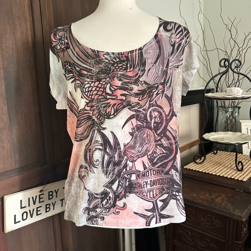 Harley Davidson SS tee shirt, lightweight fabric, size L, vibrant graphic